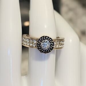 Gold Tone Greek Key Crystal CZ Stretch Ring Statement Cocktail New